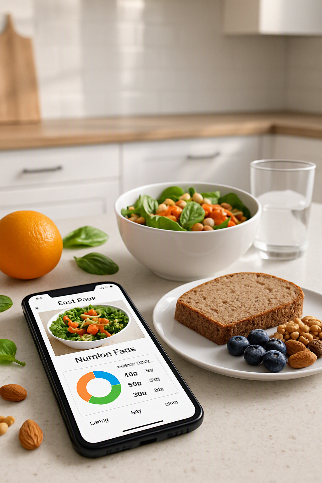 Wellness influencer using the SnapEat AI app to analyze a healthy meal.