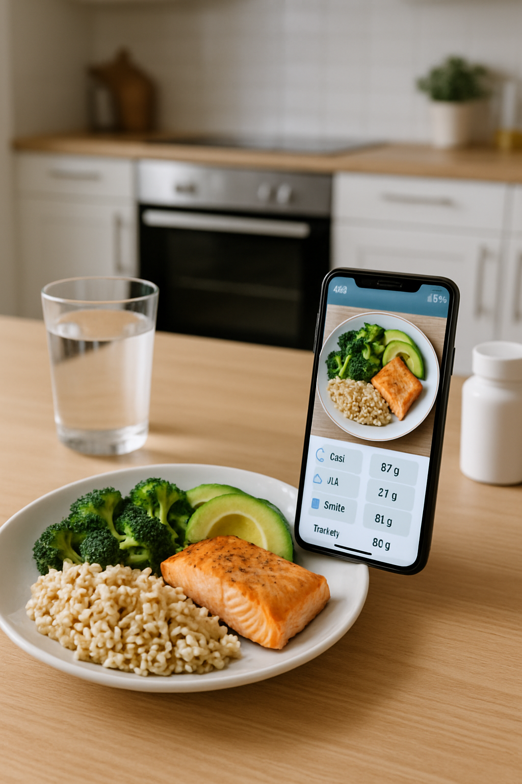 A person using the SnapEat AI food tracker on their phone, with an overlay showing AI analysis of a healthy meal for the #mlbbs40 challenge.