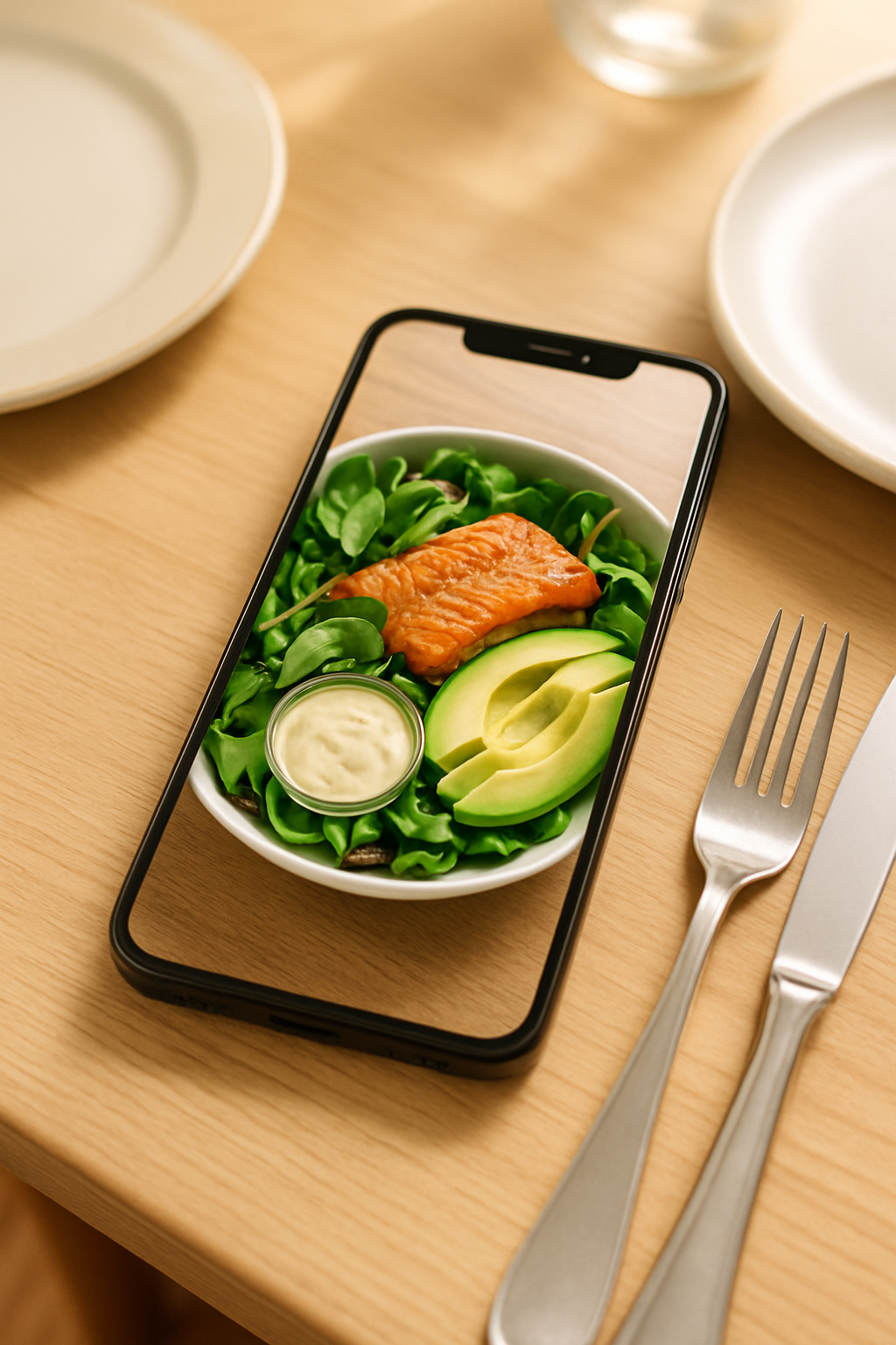 A smartphone displaying the SnapEat AI app using its food recognition feature on a healthy meal of salmon salad.