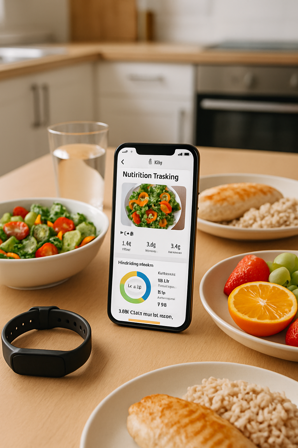 Smartphone showing the SnapEat AI nutrition tracker app analyzing a photo of a meal with calorie and macro data.