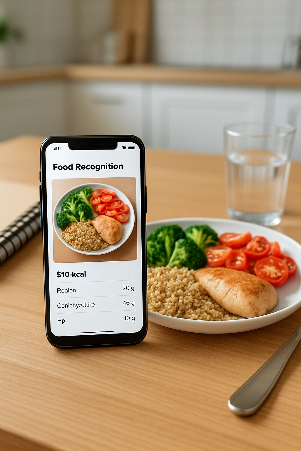 A smartphone using the SnapEat AI app to analyze a healthy meal, representing an end to unhealthy eating habits.