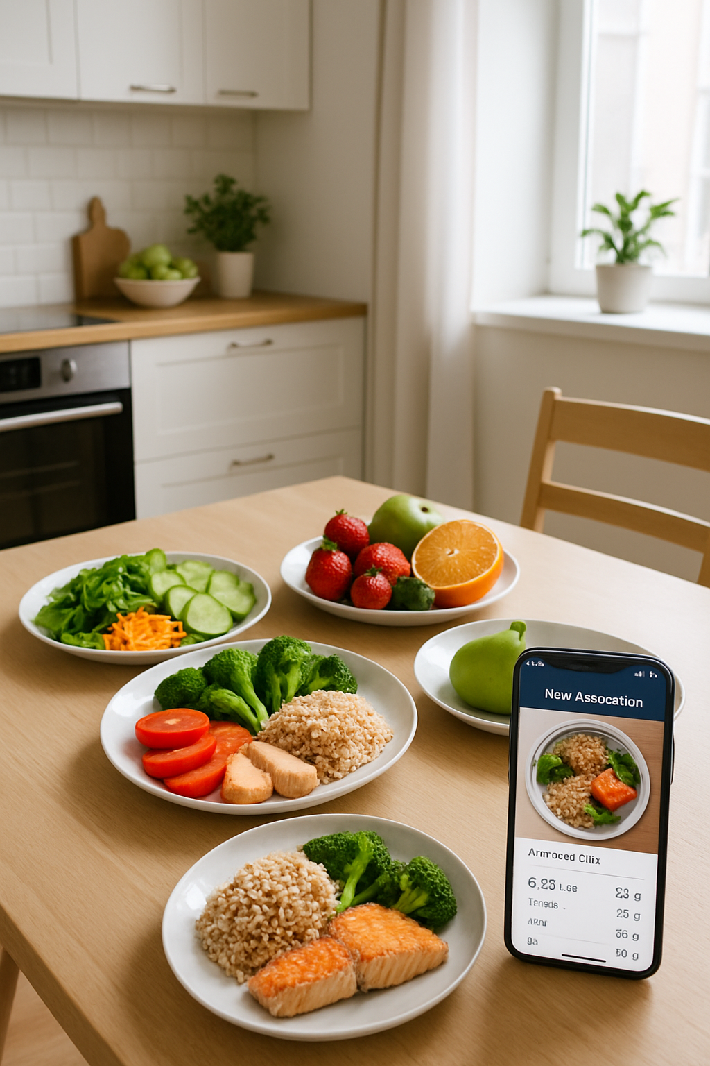 A smartphone using the SnapEat AI food tracker app to analyze a plate of healthy food.