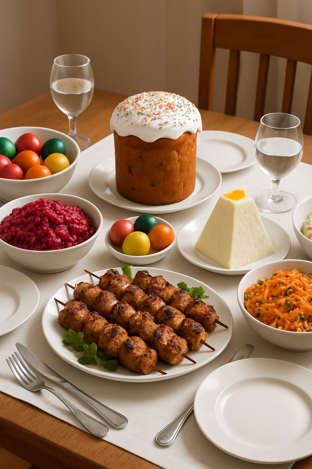 A smartphone running SnapEat AI app analyzing a traditional Pascha meal with Kulich and painted eggs.