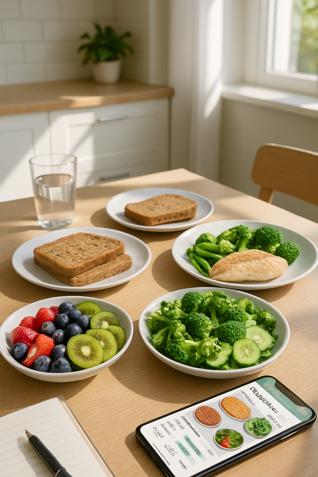 Smartphone showing the SnapEat AI app using food recognition to analyze a meal of salmon and vegetables for calories and macros.