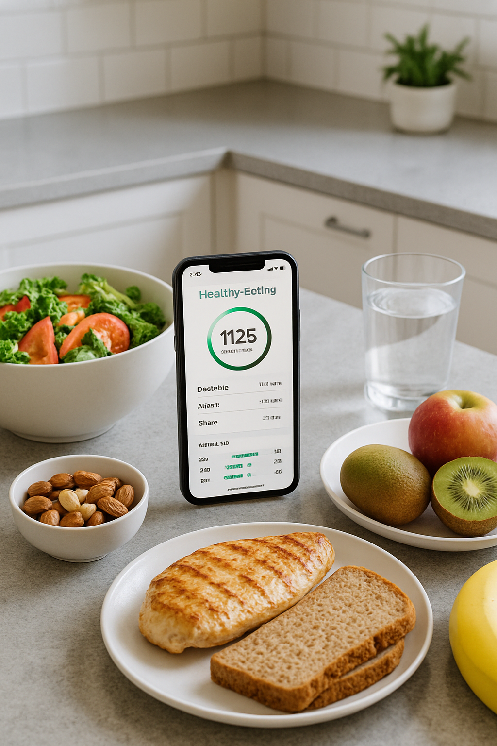 Smartphone showing the SnapEat AI nutrition app interface, analyzing a photo of a healthy meal.