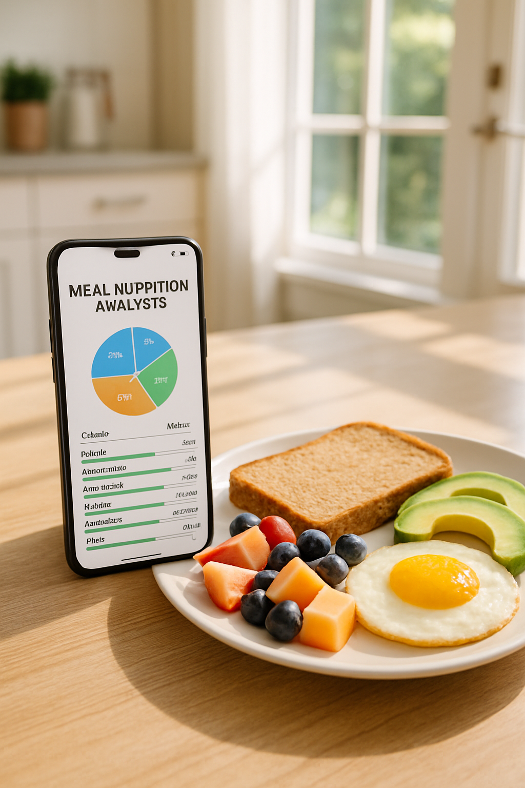 A phone screen showing the SnapEat AI food tracking app analyzing a plate of healthy food.