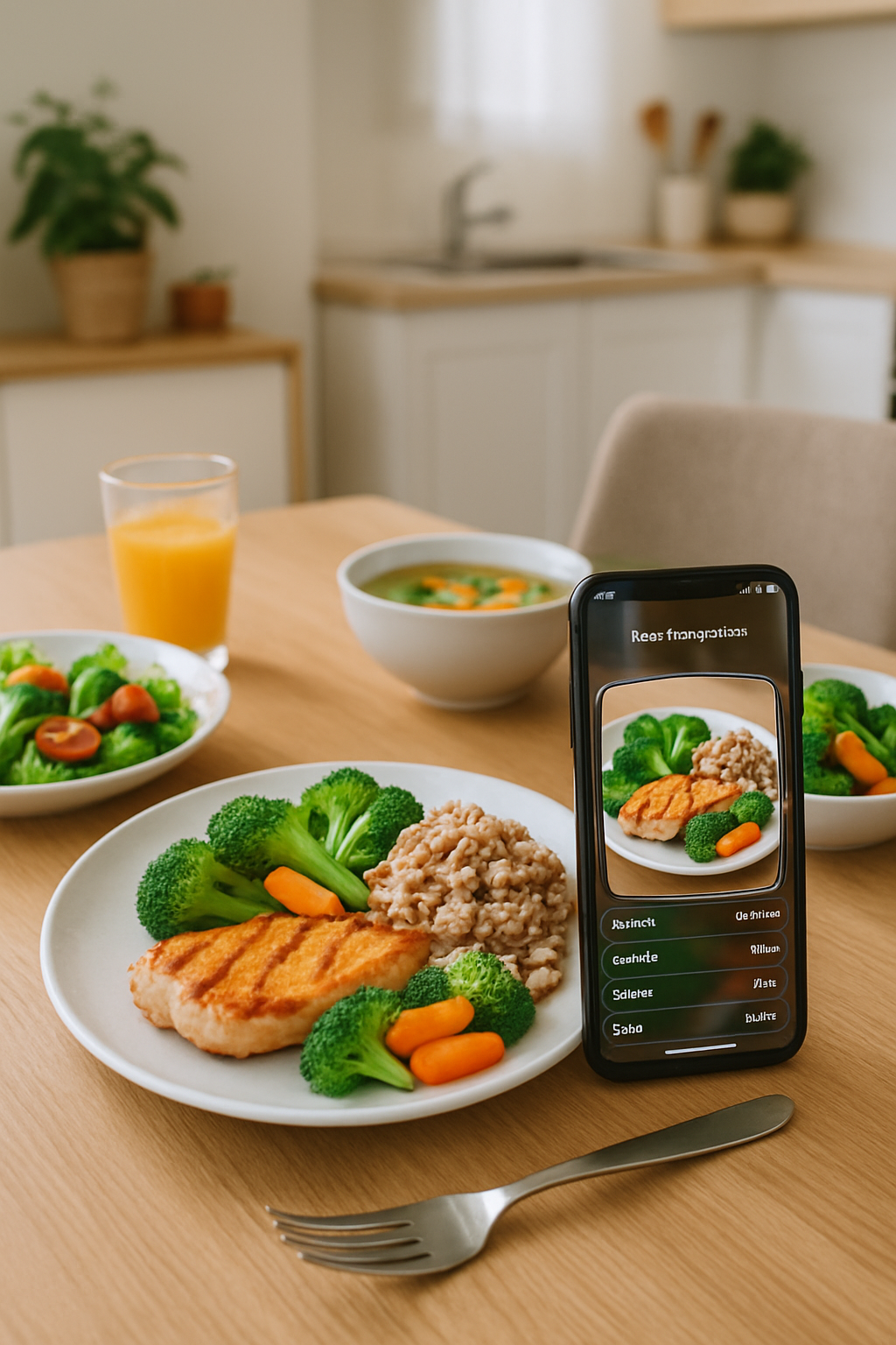 Smartphone displaying the SnapEat AI meal tracker interface after analyzing a photo of a bowl of salad and fruit.