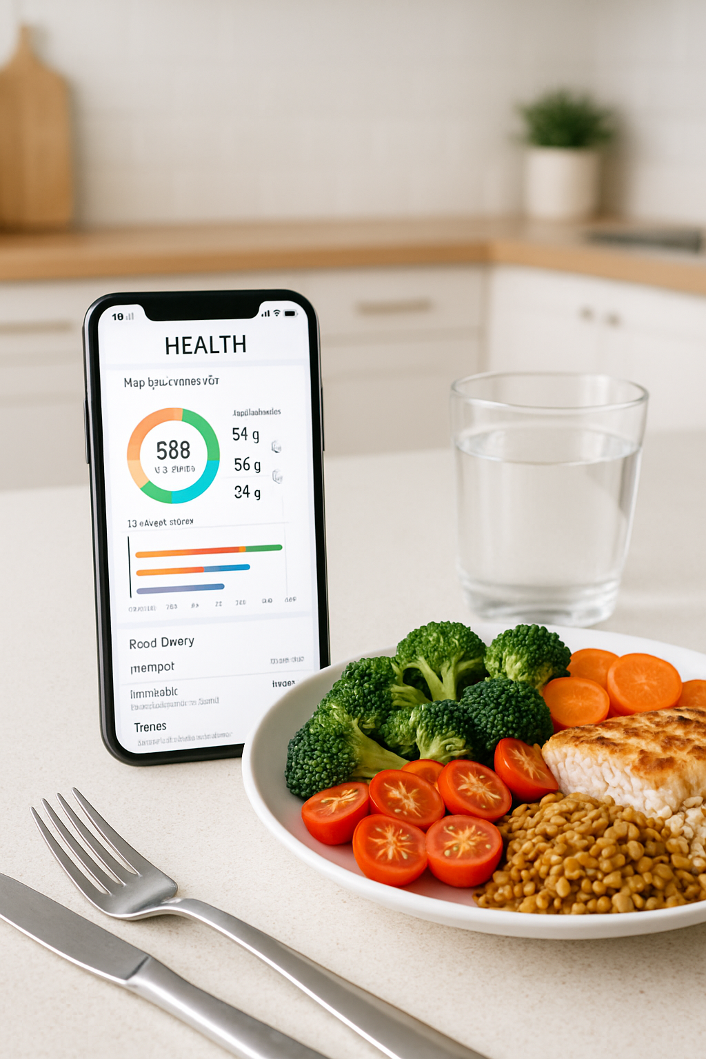 A smartphone showing the SnapEat AI app interface, which uses image recognition to analyze a healthy meal on a plate for nutrition tracking.