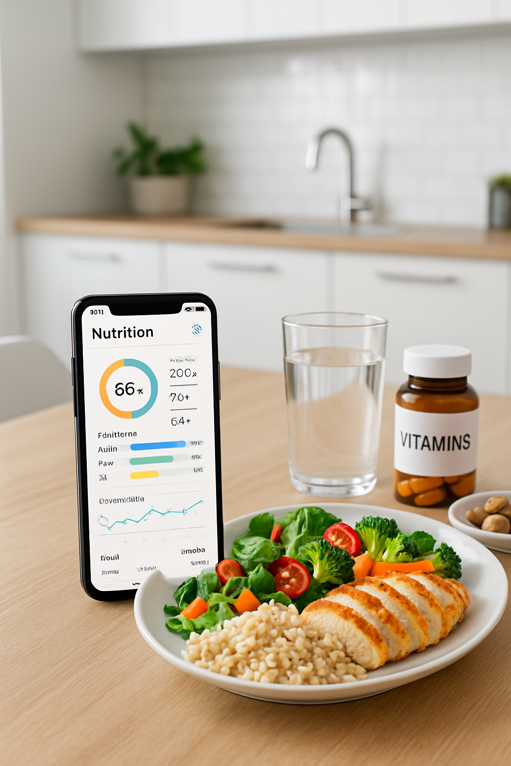 Smartphone screen showing an AI meal tracker app identifying food from a photo of a meal.
