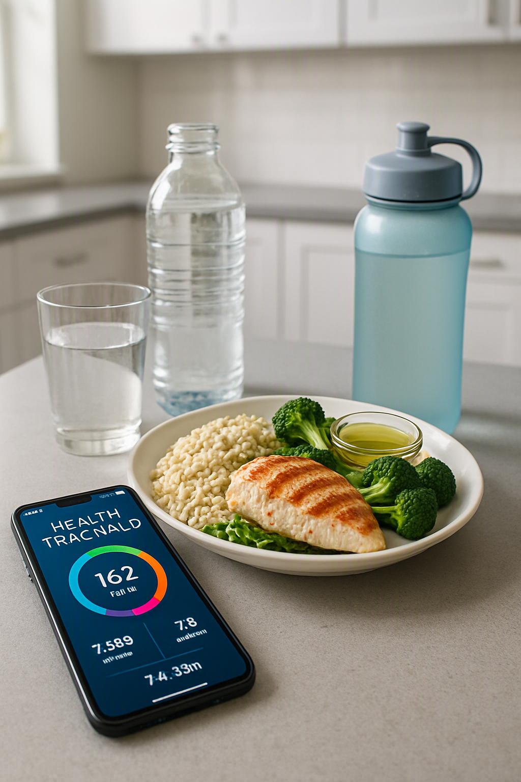 A healthy meal of salmon and vegetables being analyzed by the SnapEat AI nutrition coach app on a smartphone.