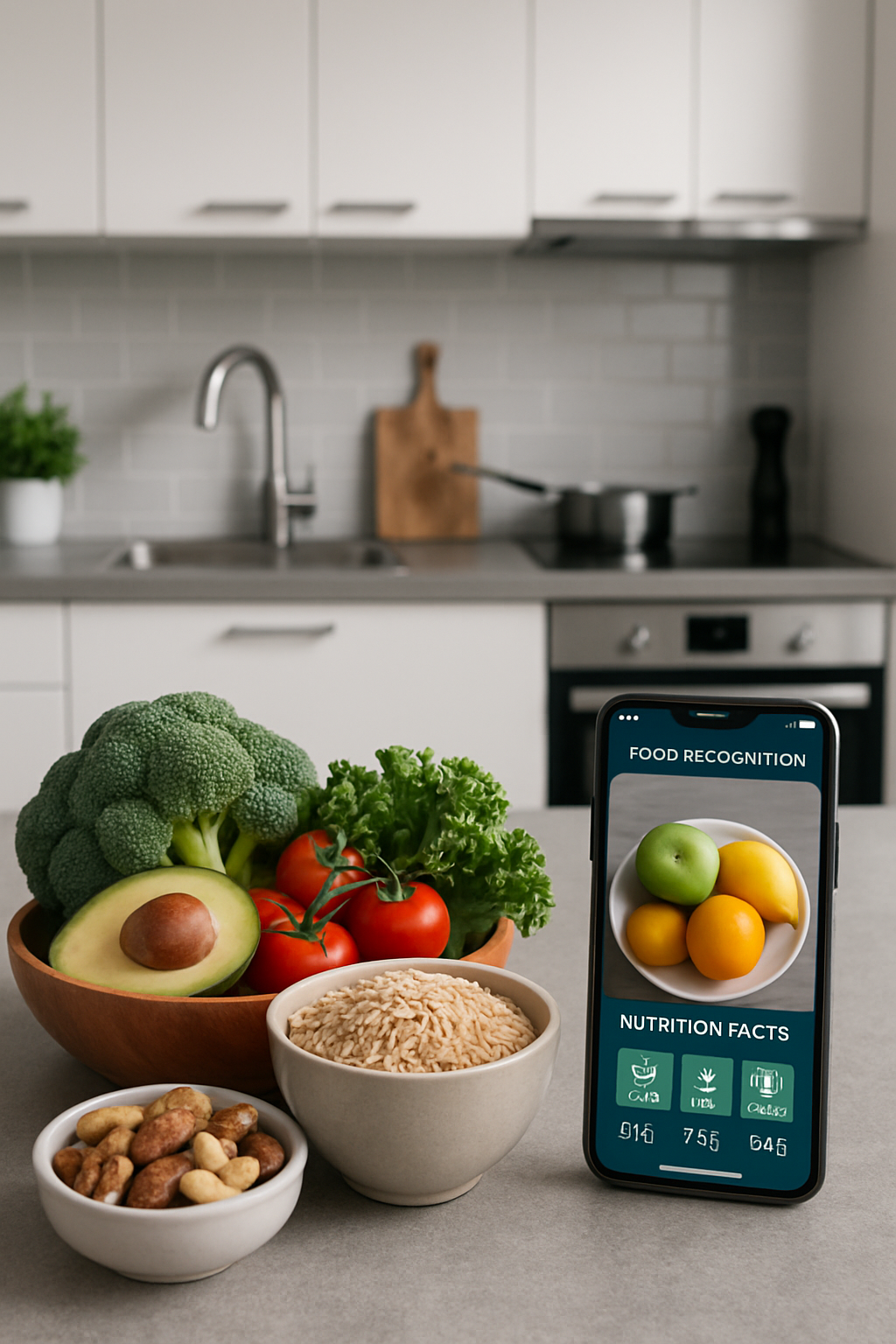 Smartphone showing the SnapEat AI food tracker app analyzing a picture of a meal for smart food tracking.