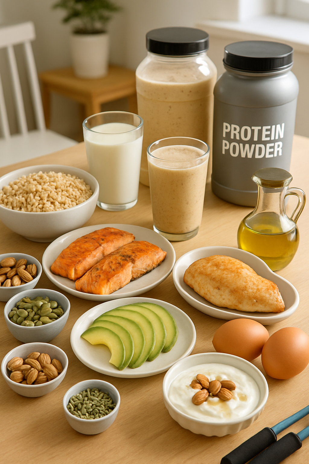 A balanced plate of healthy foods to gain weight, including salmon, quinoa, and avocado, part of a weight gain diet plan.