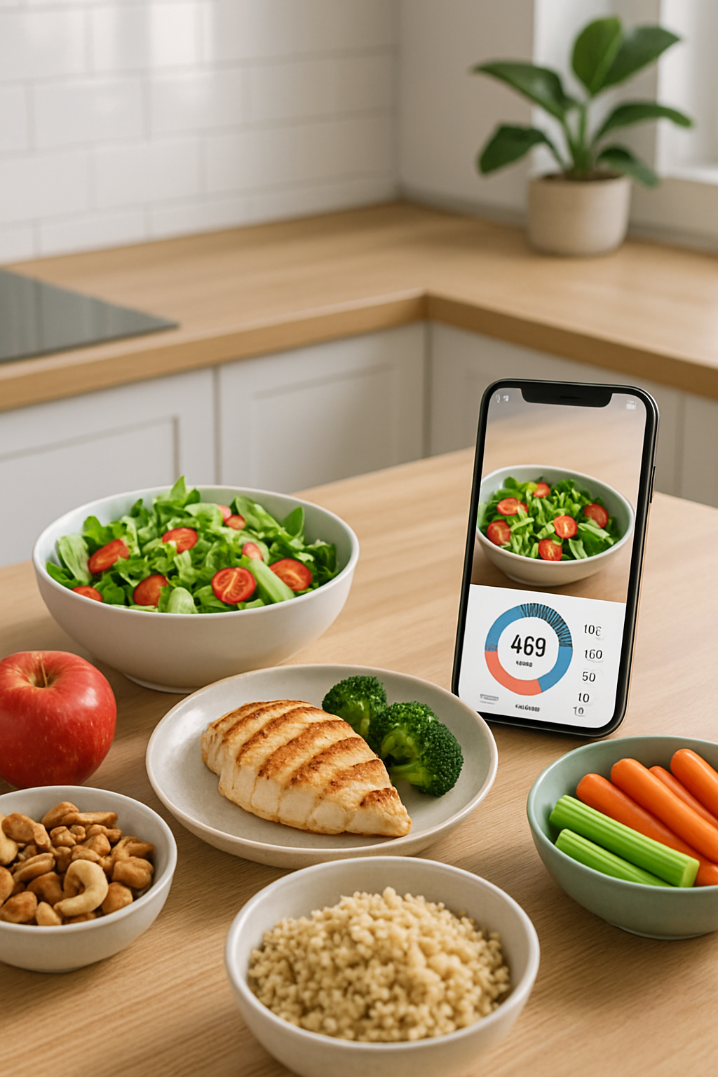 Smartphone displaying the SnapEat AI app interface, which analyzes a photo of a meal to provide a detailed nutritional breakdown.