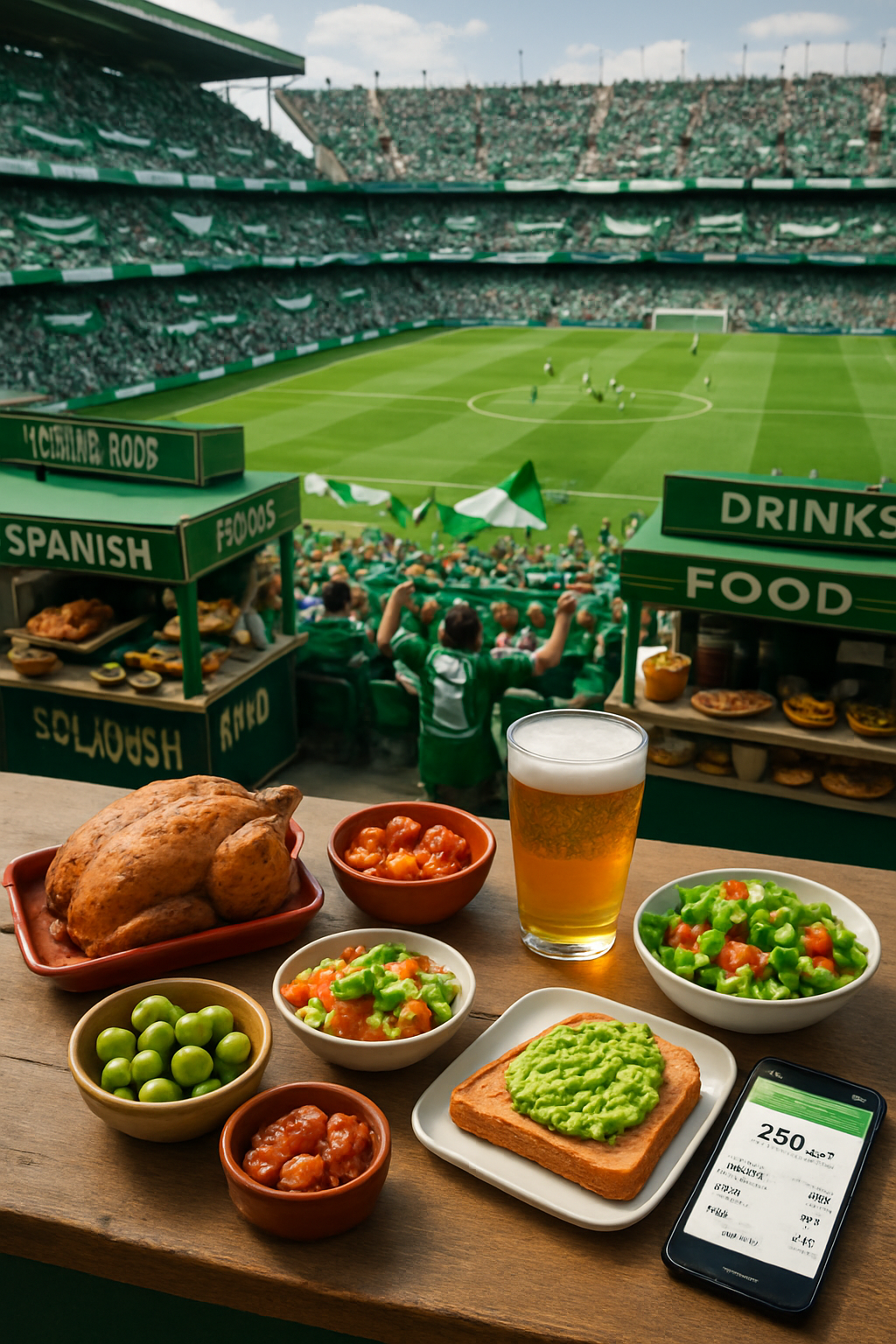 A healthy game day meal plan for Real Betis fans, featuring Spanish dishes like pollo a la plancha and espinacas con garbanzos.