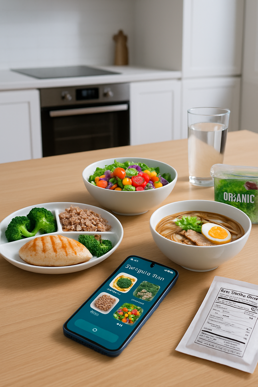 A smartphone displaying SnapEat AI analyzing a nutritious meal of salmon and vegetables.