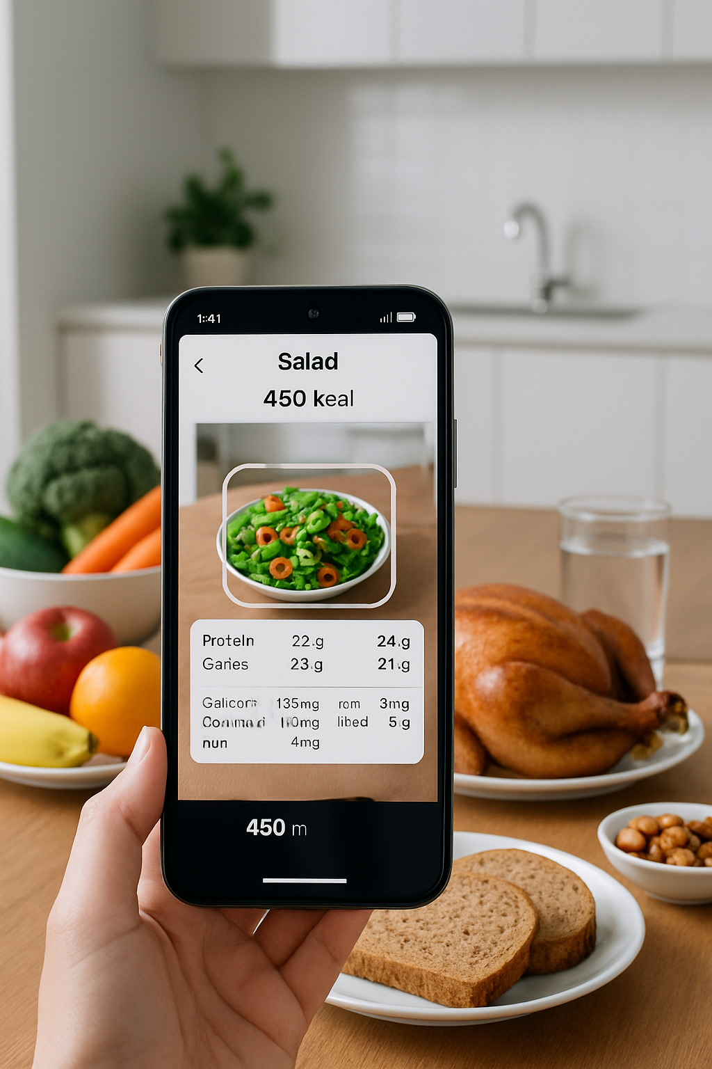 A smartphone showing the SnapEat AI food tracking app interface with a photo of a healthy meal.