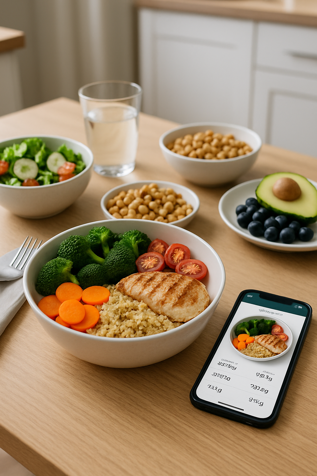 Smartphone showing the SnapEat AI food coach app interface after analyzing a photo of a healthy salad, displaying its nutritional breakdown.