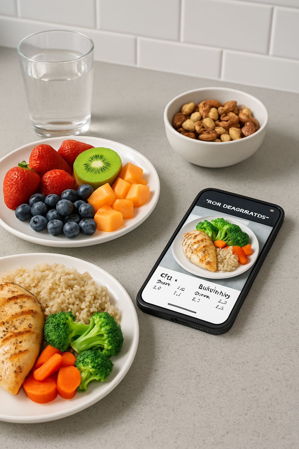 A smartphone screen showing the SnapEat AI app interface analyzing a healthy meal for the #stormgoretti Challenge.