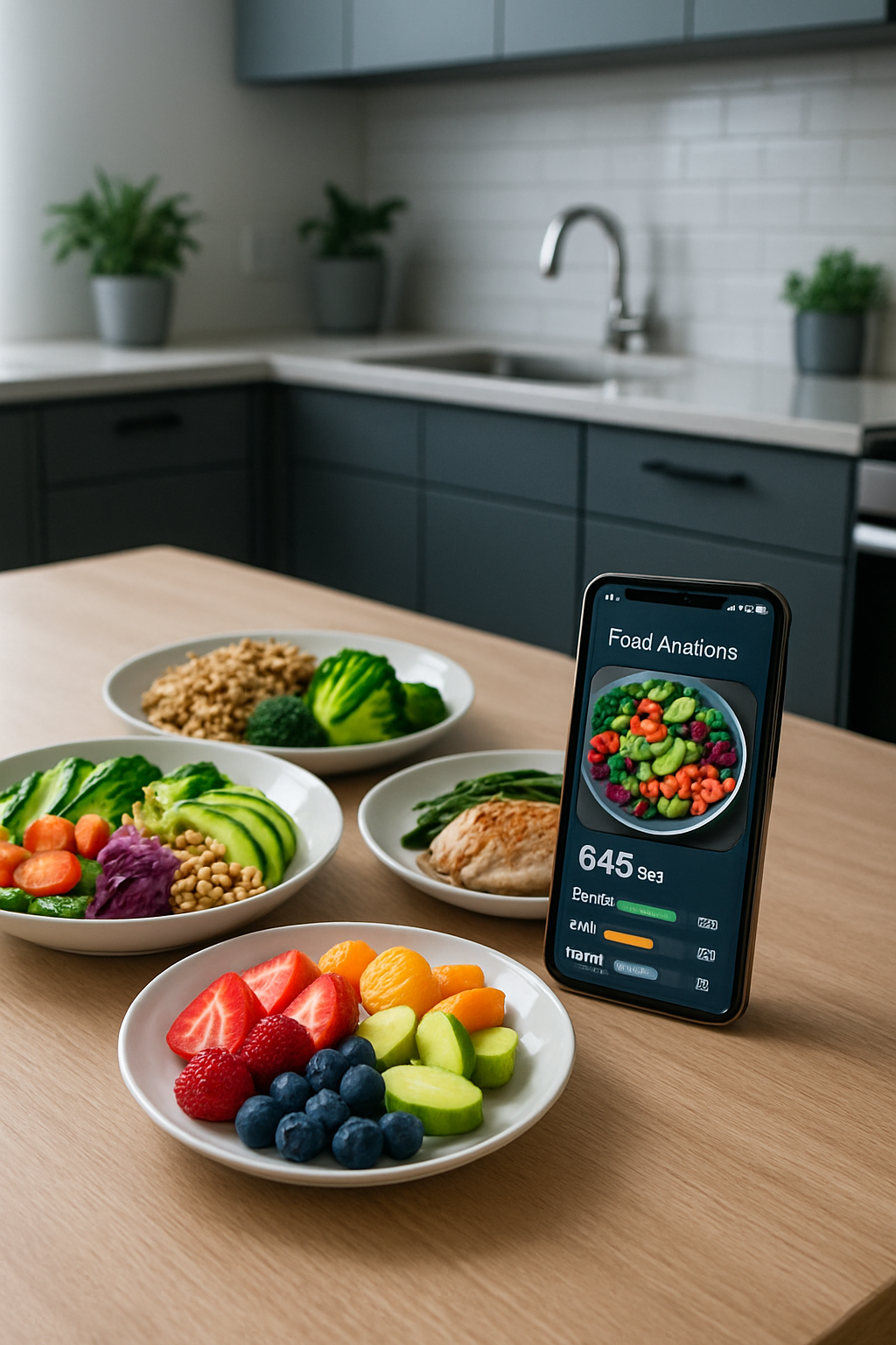 A smartphone displaying the SnapEat AI food coach app interface with a photo of a healthy meal being analyzed for calories and macros