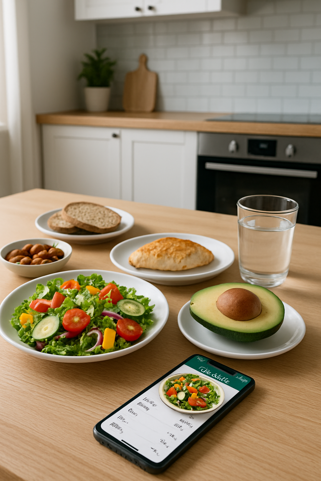 A smartphone showing the SnapEat AI smart calorie counter app interface, with a healthy meal in the background.