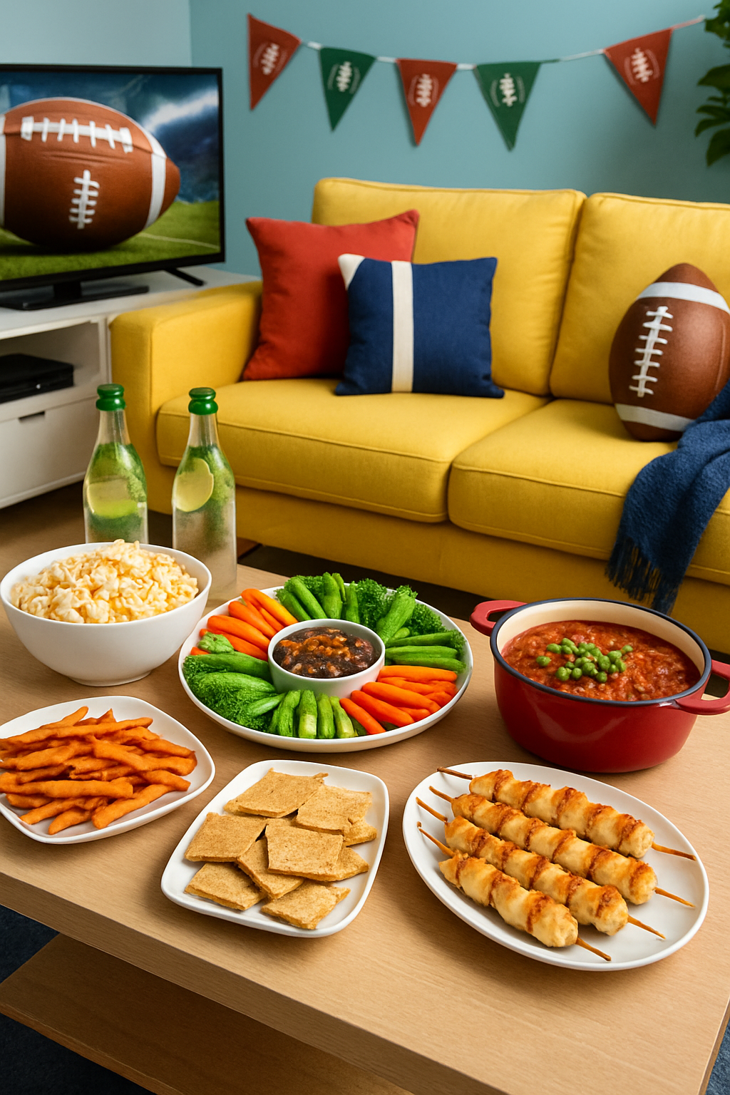 A healthy game day food spread with veggie platters, chili, and popcorn for the Steelers vs Lions game, with the SnapEat AI logo.