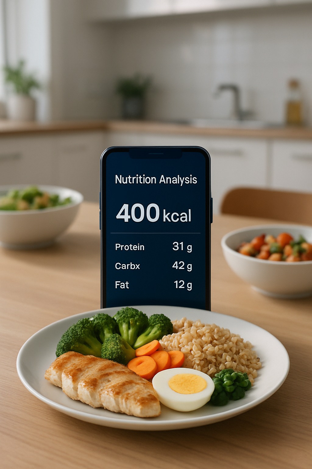 Smartphone displaying the SnapEat AI app interface, using food recognition to analyze a healthy meal on a plate.