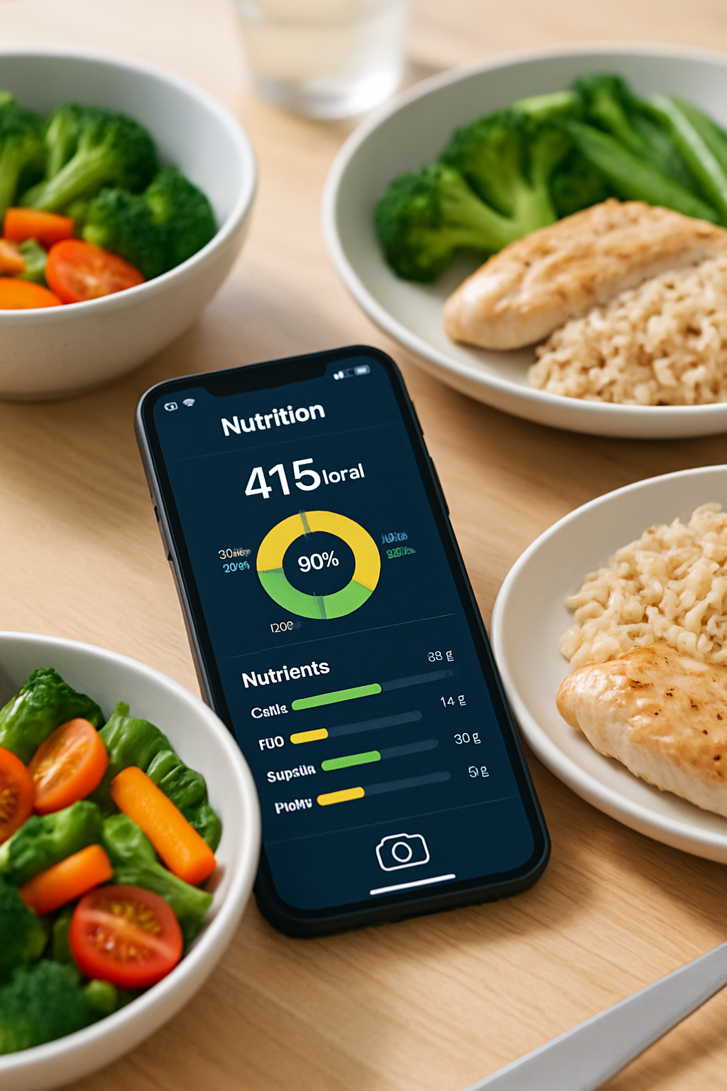 A smartphone displaying the SnapEat AI app analyzing a meal, demonstrating how to track food by photo with a smart nutrition coach.