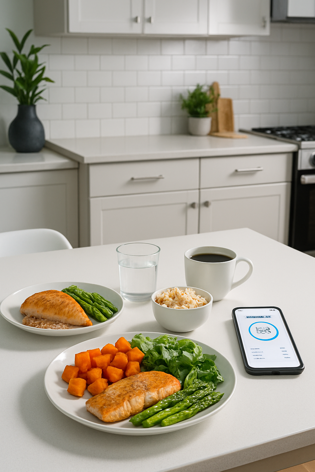 A smartphone screen showing the SnapEat AI food tracker app interface analyzing a healthy meal of salmon, quinoa, and vegetables on a plate.