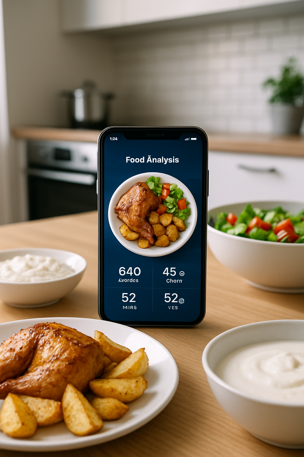 A smartphone displaying the SnapEat AI app interface analyzing a healthy meal, part of the #lospollostv collaboration.