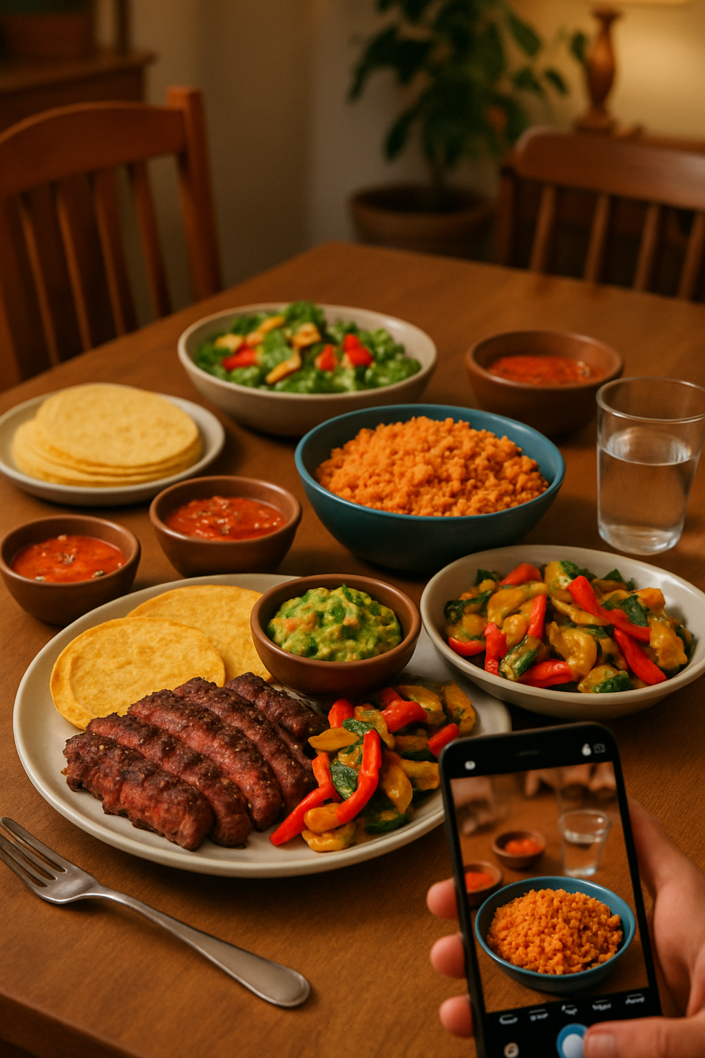 A smartphone using an AI nutrition tracker app to scan a plate of vibrant Spanish chicken fajitas and guacamole.
