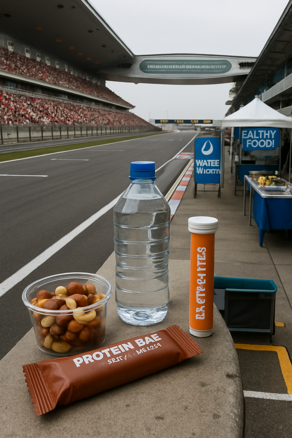 A person using the SnapEat AI app to analyze healthy snacks suitable for a race day at the Chinese GP.