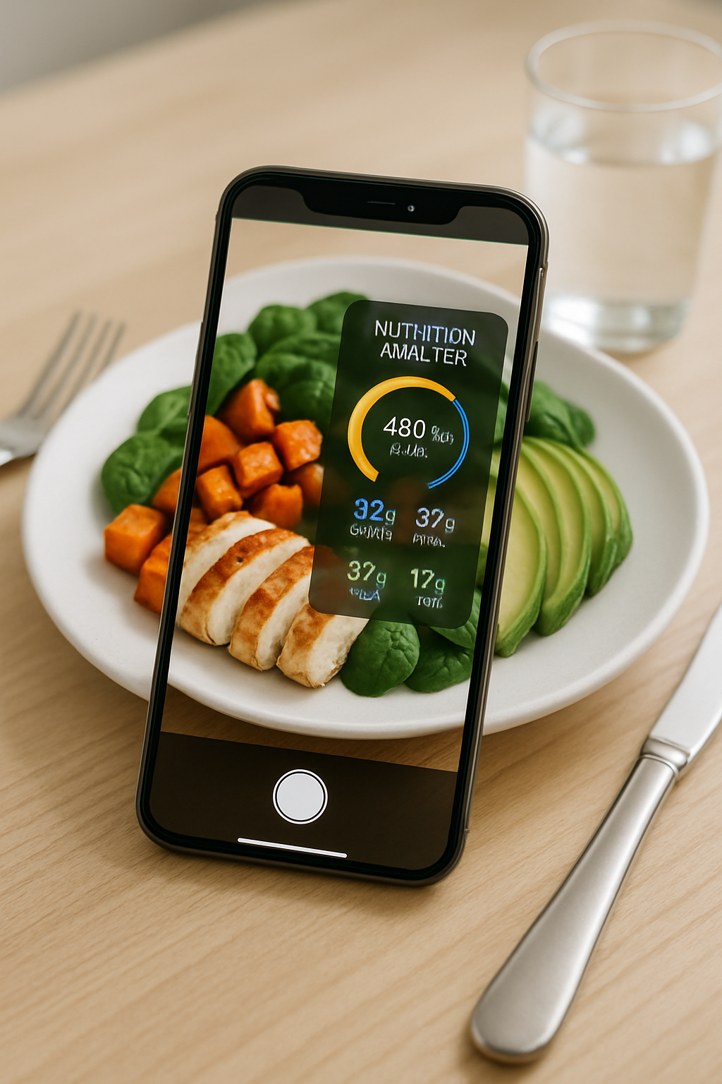 Smartphone displaying the SnapEat AI meal tracker app, analyzing a photo of a healthy meal with chicken and vegetables.