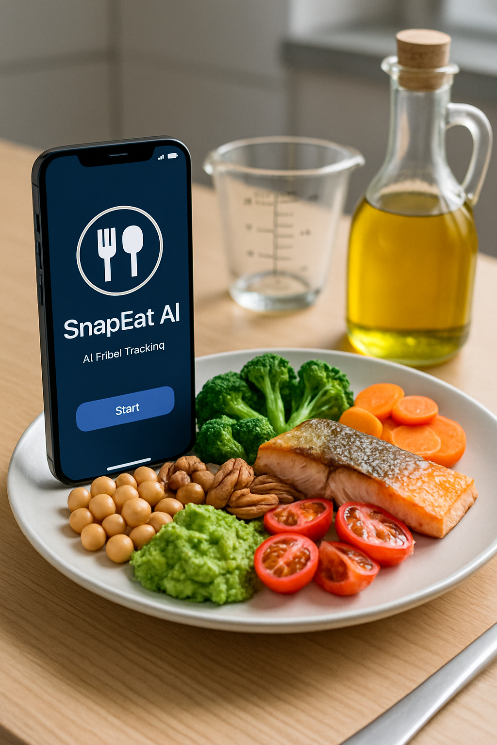 A smartphone displaying the SnapEat AI food tracking app interface, which is analyzing a photo of a healthy meal with salmon, asparagus, and lemon.