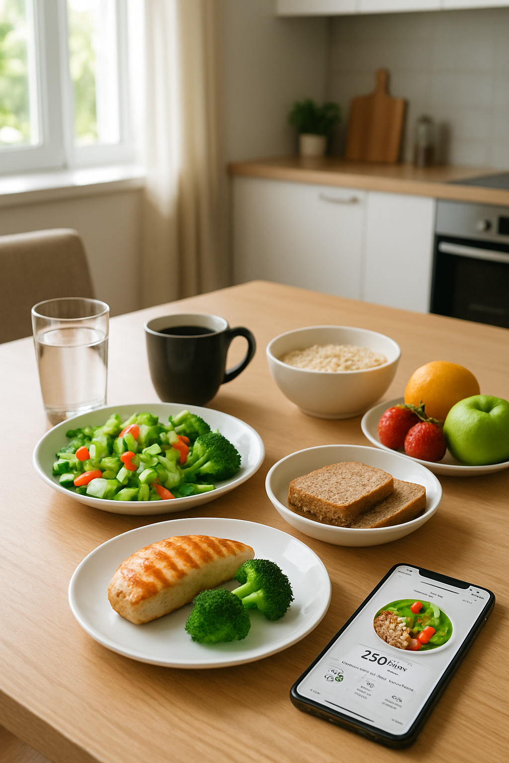 A phone showing the SnapEat AI meal tracking app interface with a healthy meal in the background, illustrating how to get ready for Spring Break.