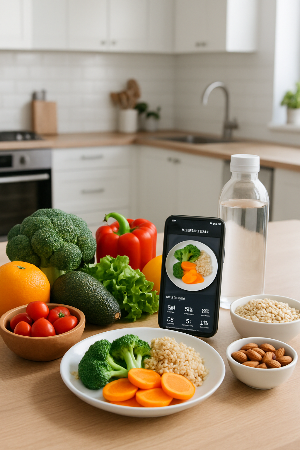 A phone showing the SnapEat AI app analyzing a healthy meal, illustrating how to achieve smart nutrition goals with an AI coach.
