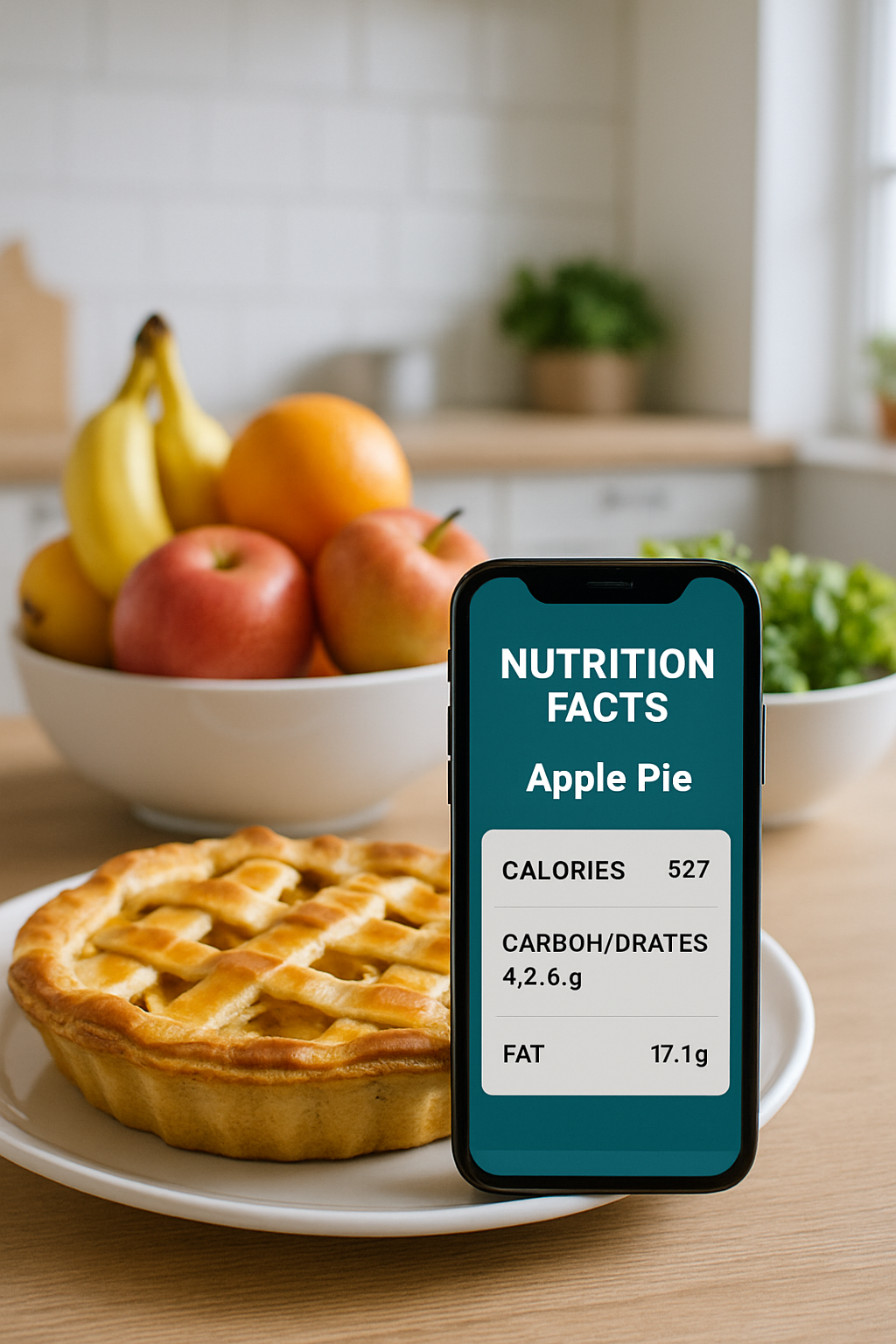 A person uses the SnapEat AI smart calorie counter on their phone to scan a slice of apple pie for Pi Day.