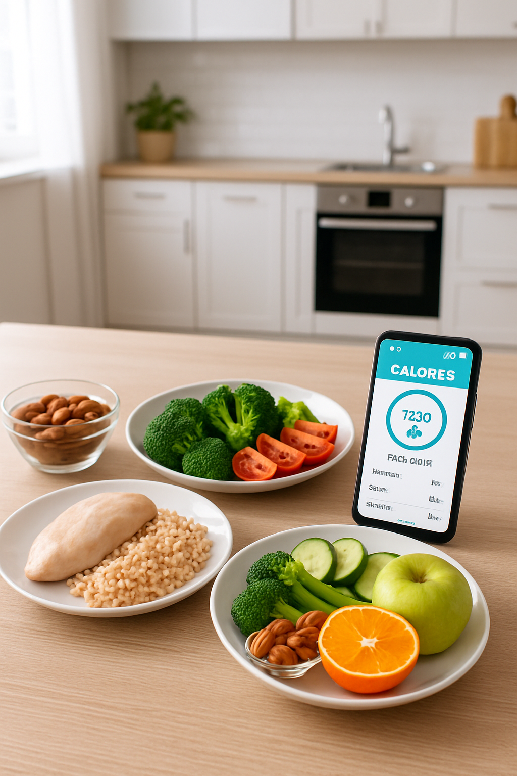 A smartphone showing the SnapEat AI app interface with a meal photo, set against a fitness background for the #bootcampuntalfredo2 challenge.