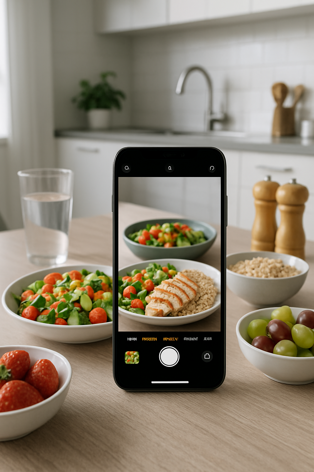 A smartphone showing the SnapEat AI meal tracker app analyzing a photo of a healthy meal with salmon and vegetables.