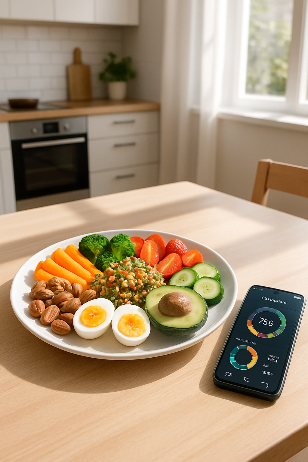 Smartphone showing the SnapEat AI app interface analyzing a healthy meal of salmon and vegetables