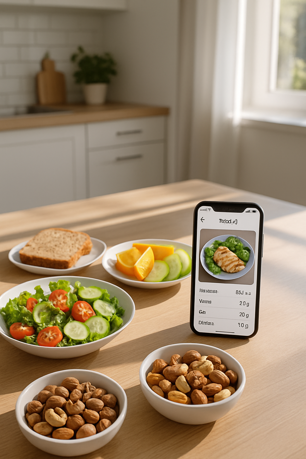 Smartphone displaying the SnapCalorie AI app interface which has analyzed a bowl of salad and shows its nutritional information.