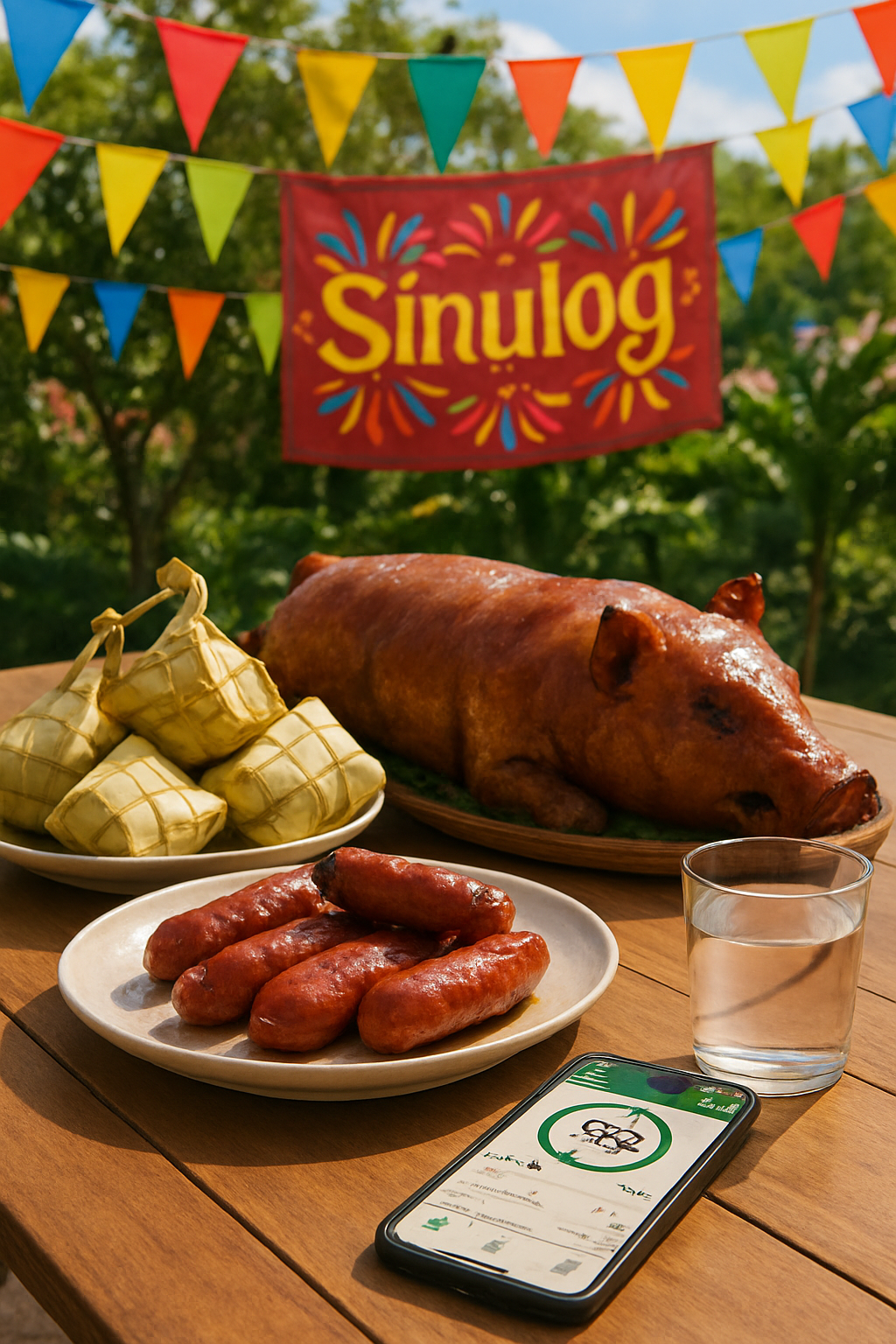 A plate of Sinulog festival food including lechon and puso, being tracked on the SnapEat AI app.