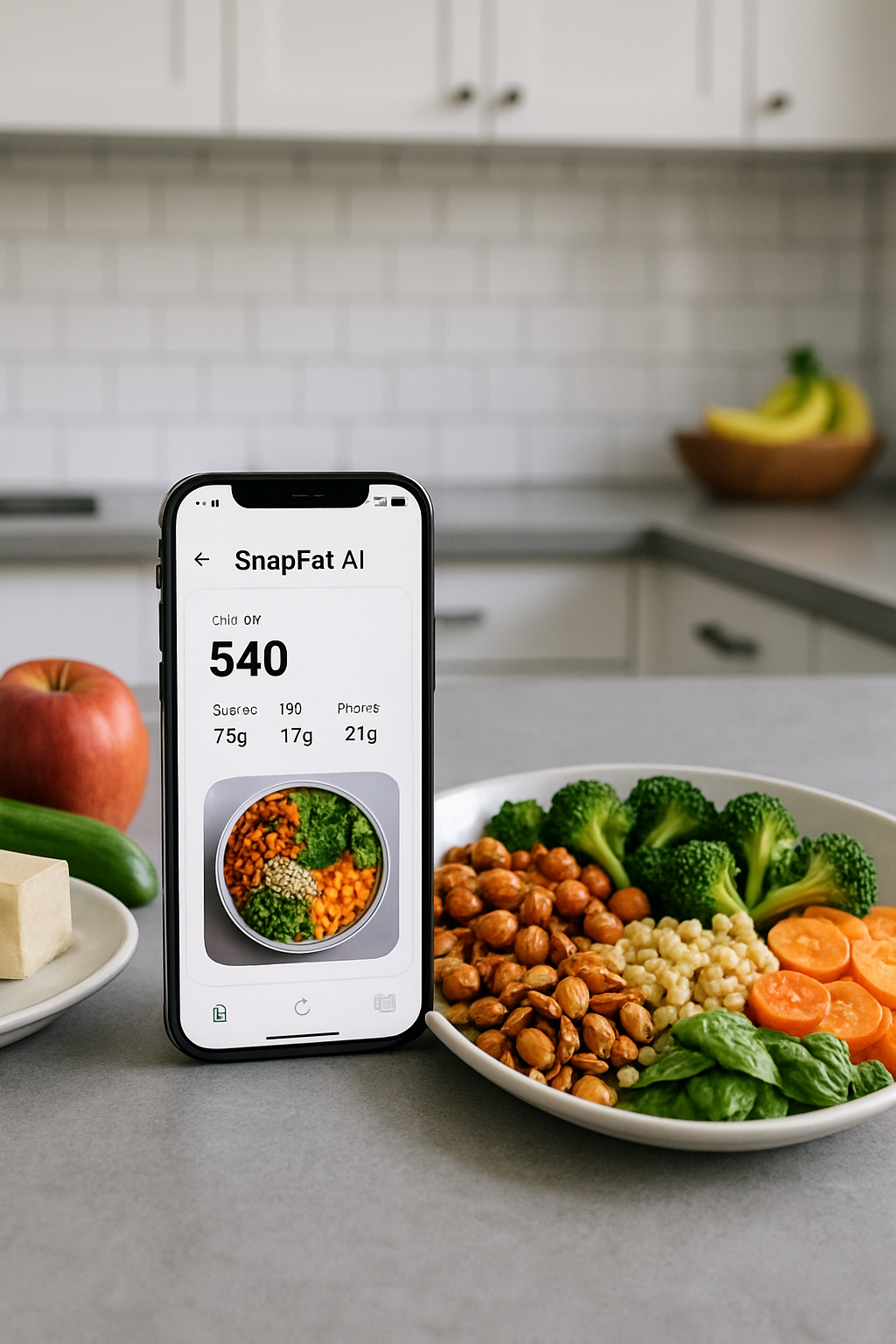 A phone using the SnapEat AI nutrition tracker app to analyze a plant-based meal, illustrating an Ariana Grande inspired wellness lifestyle.