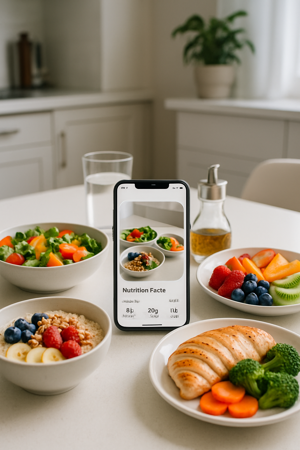 A smartphone screen showing the SnapEat AI calorie tracker app analyzing a photo of a healthy meal.