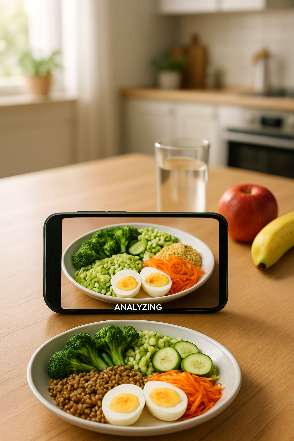A smartphone running the AI Nutrition SnapFood app, using smart food recognition to analyze a photo of a healthy meal with salmon and avocado.