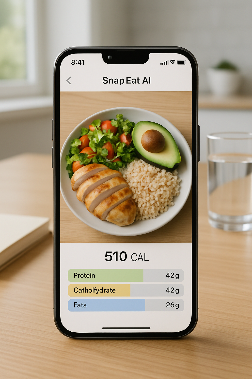 A smartphone displays the SnapEat AI app interface, analyzing a photo of a healthy meal to function as a smart calorie counter and nutrition coach.