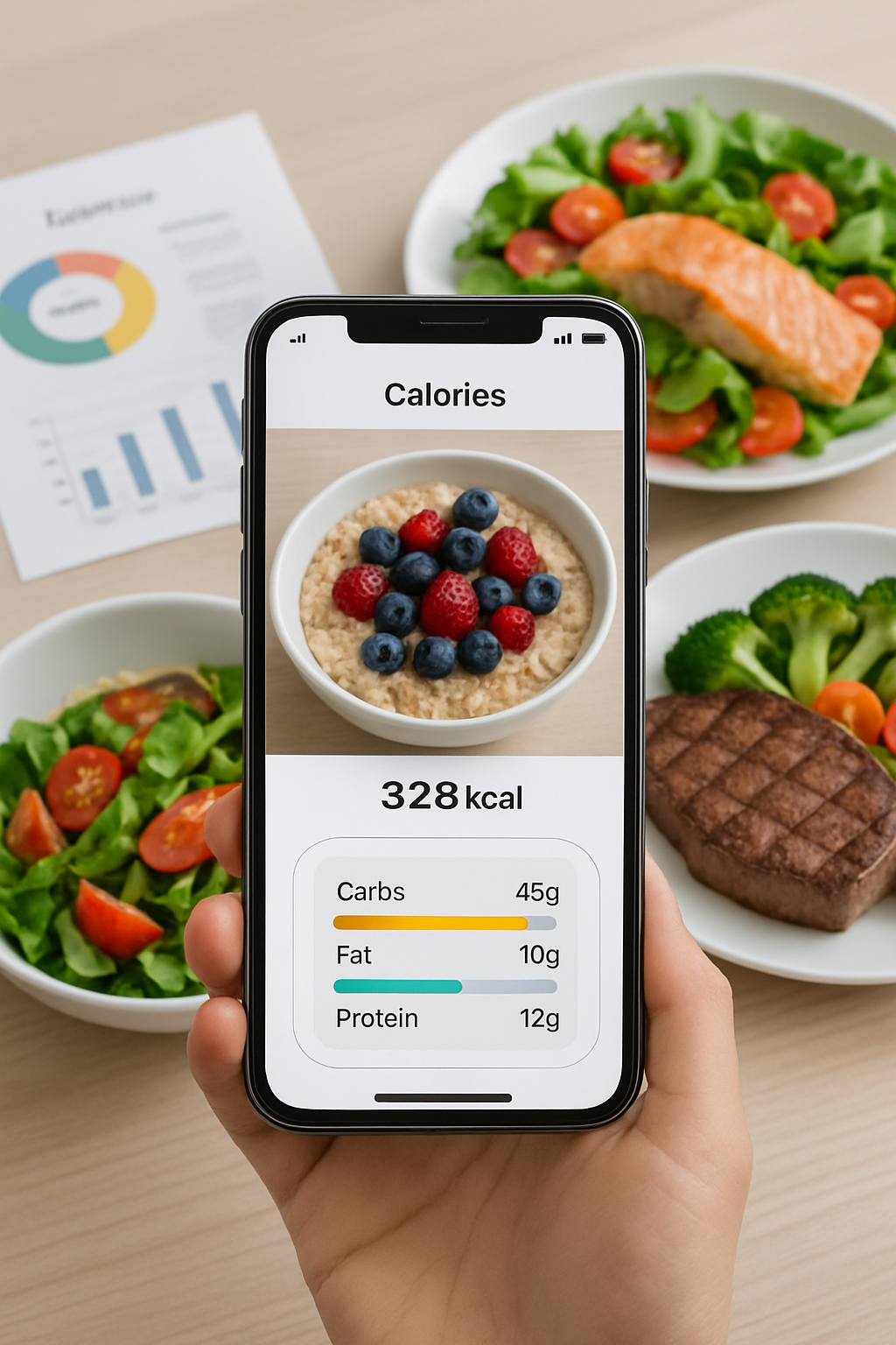 A smartphone screen showing the SnapEat AI food tracker app analyzing a healthy meal of salmon, avocado and vegetables for smart calorie tracking.