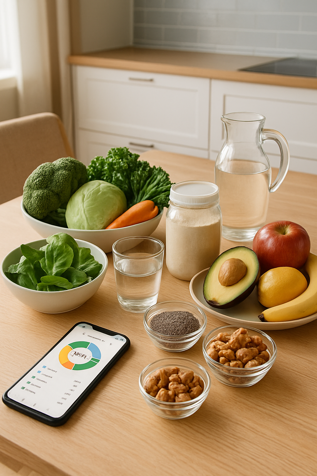 A woman using the SnapEat AI nutrition app on her phone to track a healthy salad, inspired by the Jessica Alba diet.