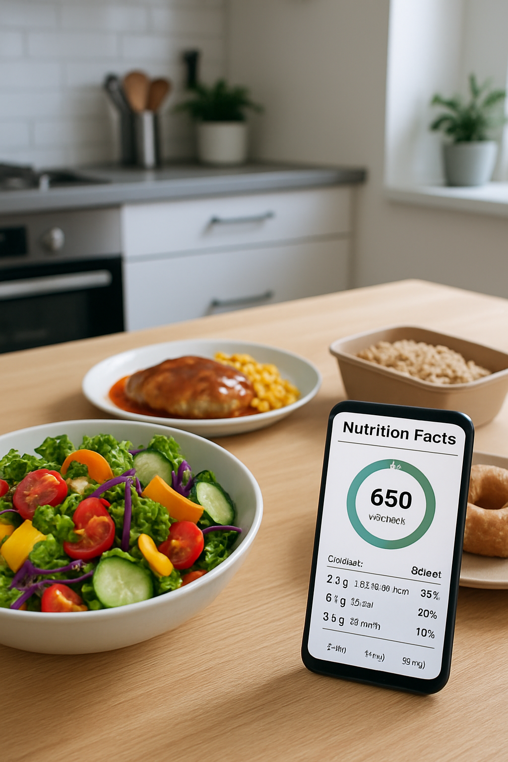 Smartphone displaying SnapEat AI’s interface, analyzing a healthy plate using food recognition.