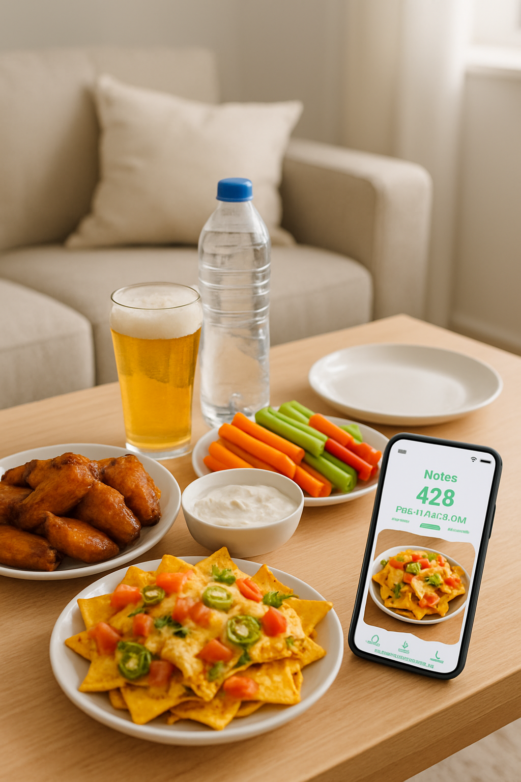 A plate of game day snacks like chicken wings and nachos with a phone showing the SnapEat AI app interface tracking calories