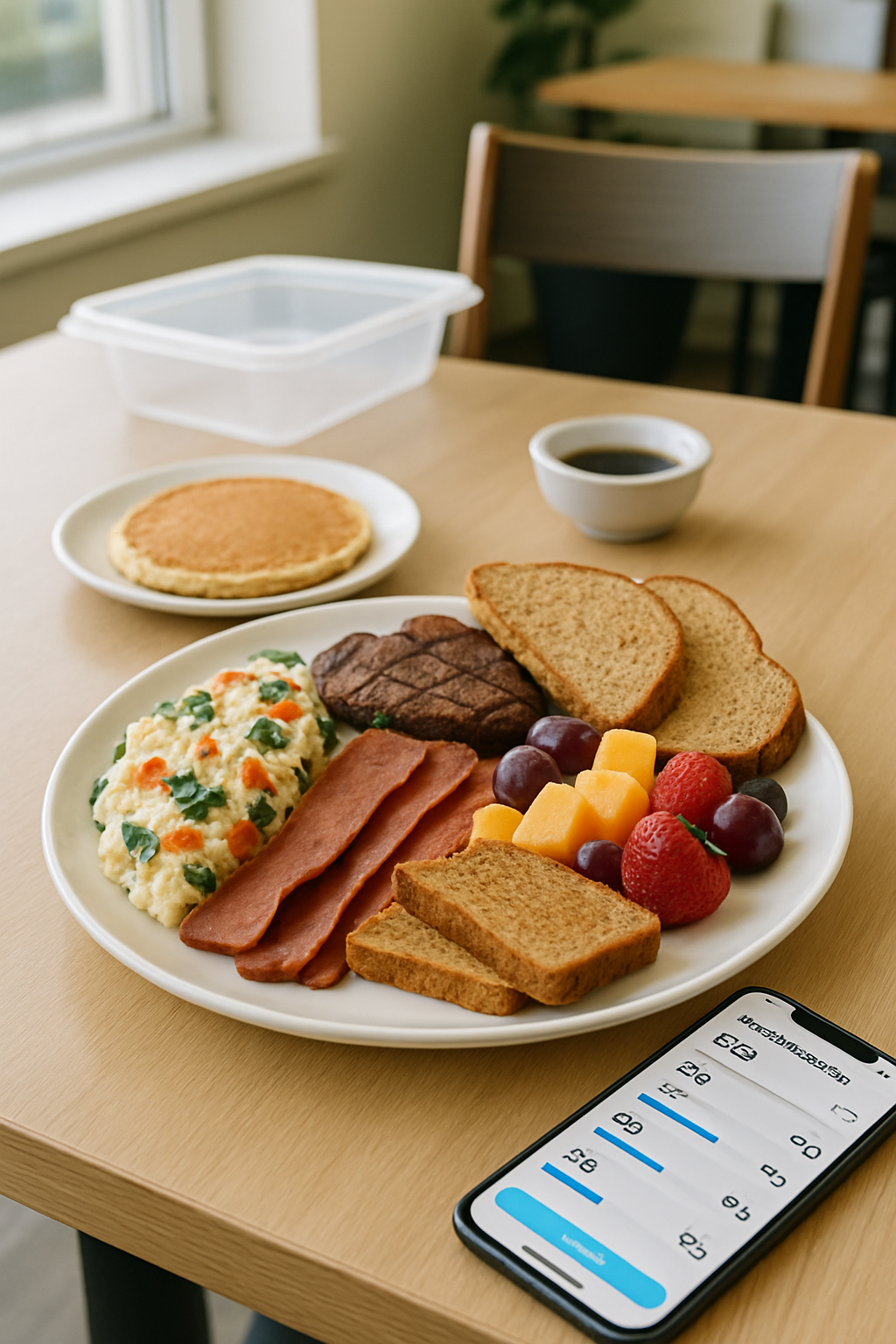 A healthy IHOP meal of an omelet and fruit, with a phone showing the SnapEat AI nutrition tracker app.